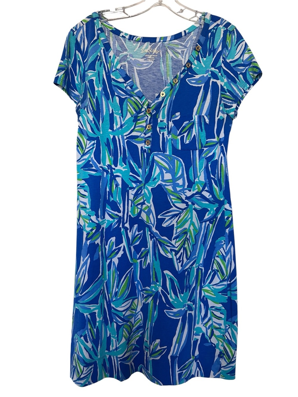 Lilly Pulitzer Blue Tropical Print Pima Cotton T-Shirt Dress Gold Buttons